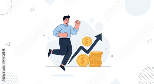 Man celebrating financial growth with coins and upward arrow graph