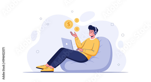 Man Earning Money Online While Relaxing, Digital Income Concept