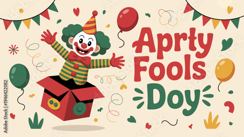 Colorful clown jumping out of a box on april fools' day with balloons and confetti