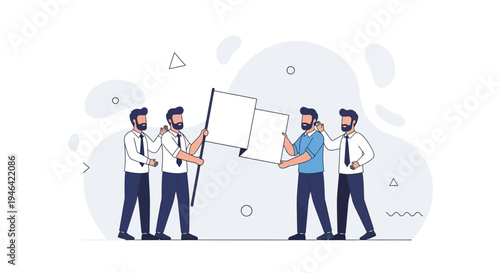 Teamwork concept: businessmen passing a flag, symbolizing collaboration and success