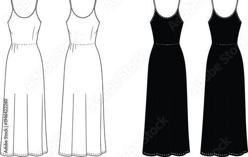CAD drawing flat vector illustration of women’s sleeveless long dress with thin straps, fashion technical sketch front and back