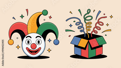 Jester head with colorful hat and surprise party box with confetti popping out festive celebration