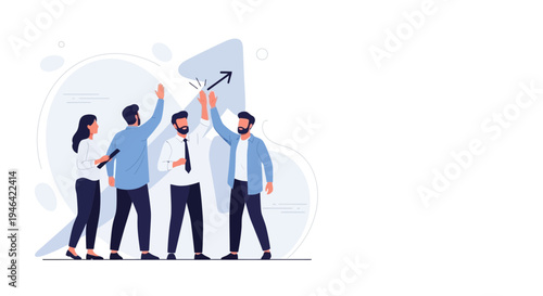 Teamwork success: Diverse business people celebrating achievement with high five and growth arrow