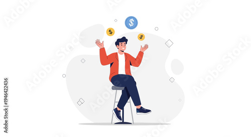 Man Juggling Money Coins Successfully Sitting on Chair, Financial Success Concept