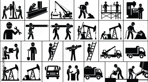 Industrial construction and oil industry worker silhouettes set, engineers, builders, machinery operators and heavy equipment icons isolated on white background