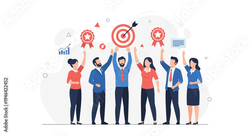 Teamwork success: people celebrate hitting target with awards and graph