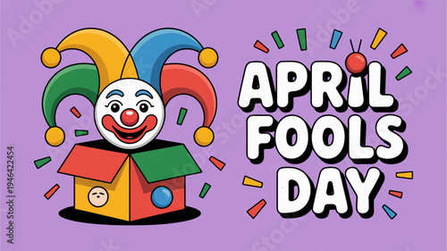 Jester in colorful hat sits on house april fools' day celebration with confetti on purple background