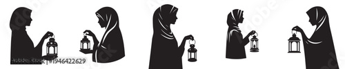 half body Vector silhouette of a Muslim woman standing holding a Ramadan lantern