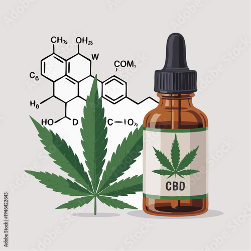 CBD oil bottle with cannabis leaf and molecular structure illustration