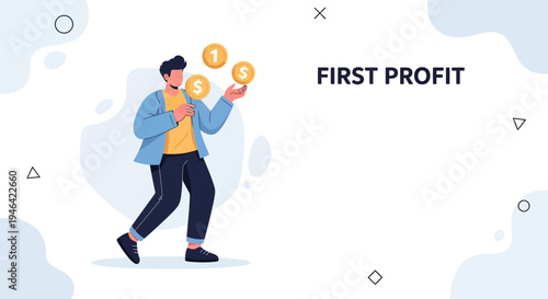Man Juggling Coins, Symbolizing First Profit and Financial Success