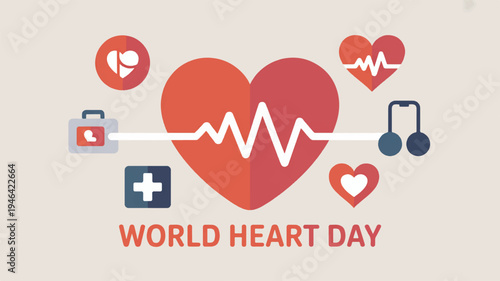 World heart day awareness campaign with heart rate line and medical icons on beige background