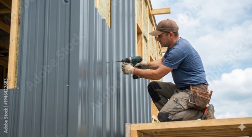 Worker drills metal sheets on construction site in a sunny day