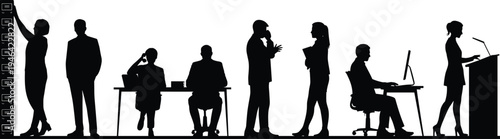 Business office people silhouettes working, meeting and presentation, corporate employees collaboration with computer workstation and podium speaker isolated