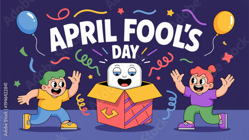 Children celebrating april fool's day with a playful cartoon character emerging from a box surrounded by colorful confetti and balloons