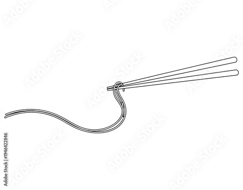Minimalist vector line art illustration of chopsticks holding noodles, simple black and white asian food design on white background.
