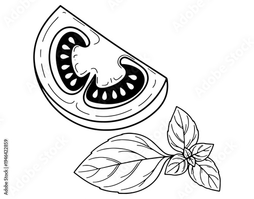 Vector line art illustration of a fresh tomato slice and basil leaves, minimalist black and white food design on white background.
