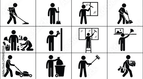 Cleaning service worker silhouettes set, janitor sweeping, mopping, window cleaning and housekeeping maintenance icons isolated on white background