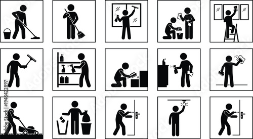 Cleaning service worker silhouettes set, janitor sweeping, window washing, disinfecting and housekeeping maintenance icons isolated on white background