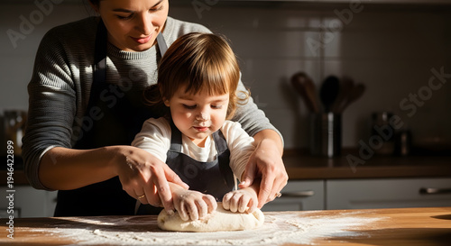 A young mother guides her small child's hands to knead fresh bread dough on a wooden counter with natural sunlight