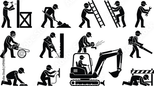 Construction worker silhouettes collection, builders using hammer, drill, chainsaw, ladder climbing, welding and excavator machinery for industrial construction work