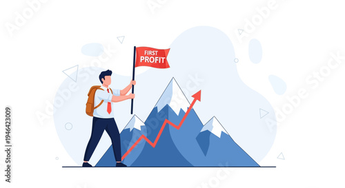 Businessman plants flag on mountain peak symbolizing first profit and business success