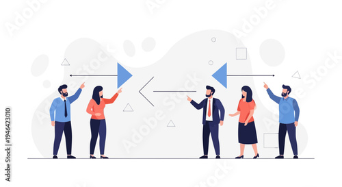 Business people pointing at arrows showing opposing directions, teamwork concept