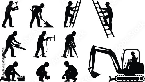 Construction worker silhouettes collection, builders using tools, ladder climbing, digging, drilling and excavator machinery activities for industrial construction work isolated