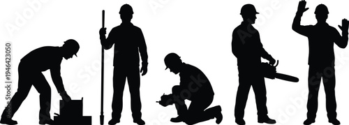 Construction worker silhouettes performing building tasks, builder with tools, chainsaw operator and labor activities, industrial workforce icons isolated