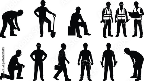 Construction worker silhouettes performing building tasks, builders with tools, engineers and labor workforce characters isolated on white background