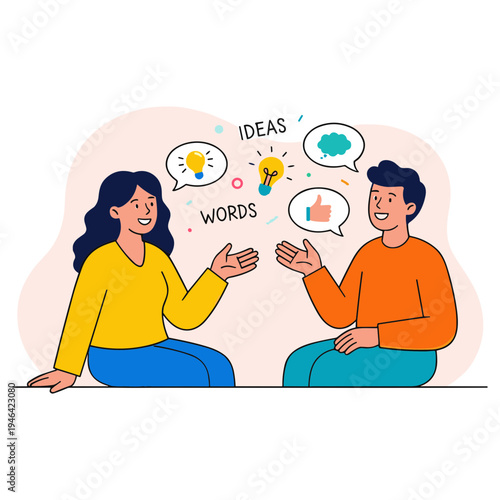 Two people sitting and discussing ideas with speech bubbles around them.