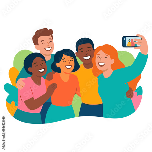 Diverse group of friends taking a selfie together outdoors happily