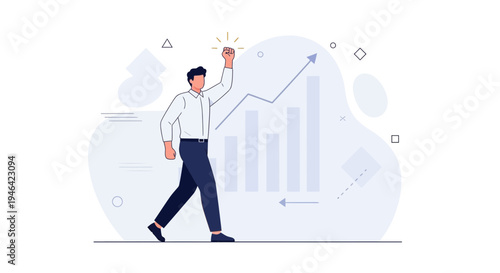 Man celebrating success with rising graph, business growth concept illustration