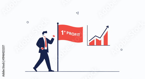 Businessman holding flag with '1+ profit' and growth chart