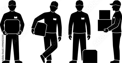 Delivery worker silhouettes carrying packages and boxes, courier service staff transporting parcels, logistics shipping employees isolated on white background