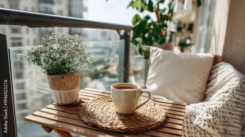 Cozy balcony scene with a coffee cup, green plant, woven mat, and soft cushions, perfect for relaxation and enjoying the morning sunshine in nature.