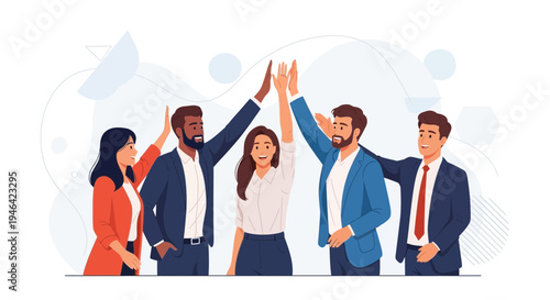 Diverse business team high five celebrating success, teamwork and achievement