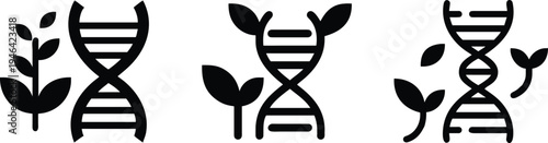 Bold Biotechnology Icon Set DNA Strands with Leaf Sprouts Representing Genetic Plant Engineering