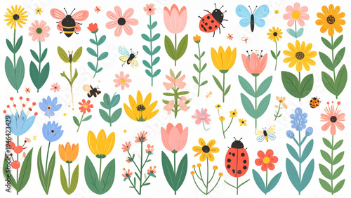 Colorful meadow and garden flowers with butterflies bees and ladybugs decorative botanical flat vector illustration set isolated