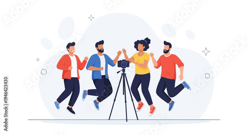 Diverse friends jumping for joy around a camera on a tripod, celebrating success