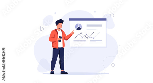 Man presenting financial data with charts and graphs on a whiteboard