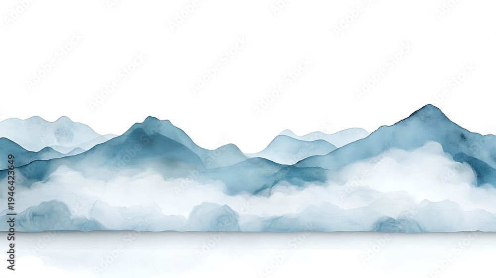 Fototapeta premium Serene Watercolor Landscape with Soft Blue Mountains and Gentle Misty Clouds