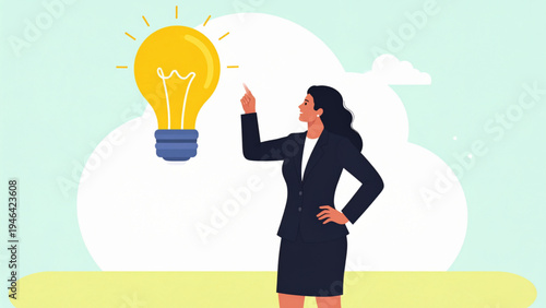 Elegant business woman in black suit thinking and pointing upward with idea light bulb, creative inspiration concept vector illustration