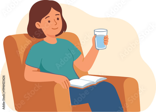 Woman sitting in chair reading book and holding glass of water