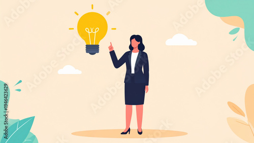 Wallpaper Mural Elegant business woman in black suit thinking and pointing upward with idea light bulb, creative inspiration concept vector illustration Torontodigital.ca