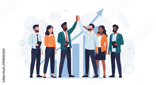 Diverse team celebrating success with high five and rising graph