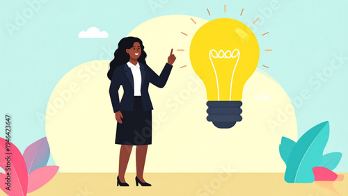 Elegant business woman in black suit thinking and pointing upward with idea light bulb, creative inspiration concept vector illustration