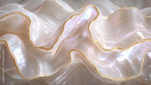 Iridescent Nacre Waves with Gold Veins, Luxurious mother‑of‑pearl folds with shimmering gold accents—elegant abstract background for premium branding and design.