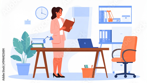 Big set of casual business woman in pale pink suit showing various poses, gestures and office activities flat vector illustration