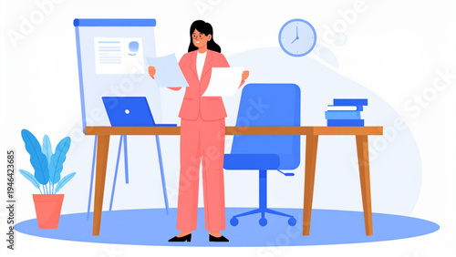 Big set of casual business woman in pale pink suit showing various poses, gestures and office activities flat vector illustration