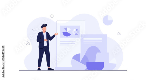 Business presentation with charts and analytics, man explaining data on screen, modern flat design